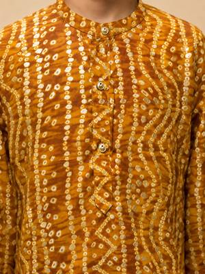Boy's mustard rayon bandhni thigh length kurta and dhoti set 2