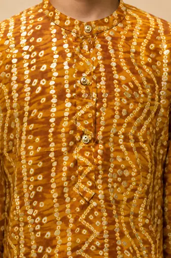 Boy's mustard rayon bandhni thigh length kurta and dhoti set