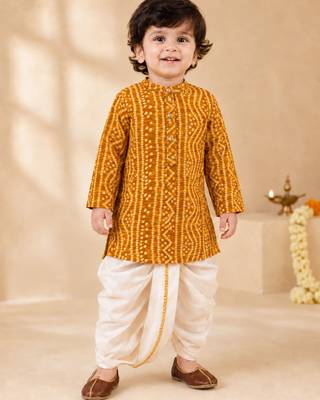 Boy's mustard rayon bandhni thigh length kurta and dhoti set 3