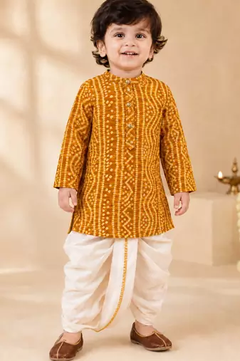 Boy's mustard rayon bandhni thigh length kurta and dhoti set