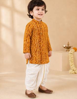 Boy's mustard rayon bandhni thigh length kurta and dhoti set 4