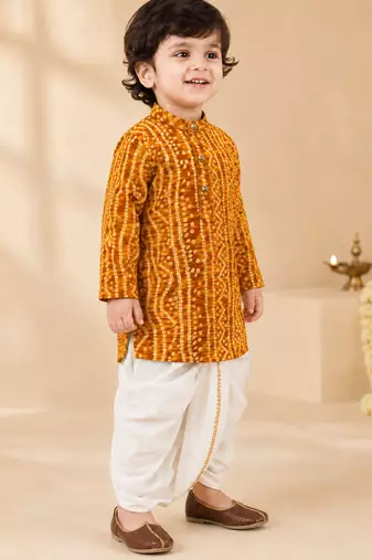 Boy's mustard rayon bandhni thigh length kurta and dhoti set