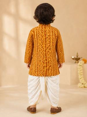 Boy's mustard rayon bandhni thigh length kurta and dhoti set 5