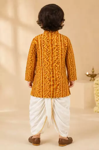 Boy's mustard rayon bandhni thigh length kurta and dhoti set