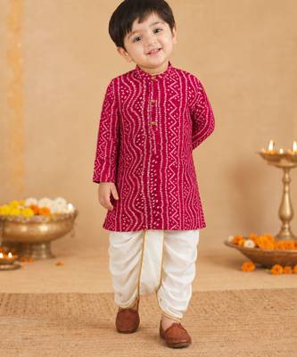 Boy's pink rayon bandhni thigh length kurta and dhoti set 1
