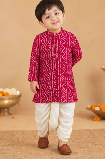 Boy's pink rayon bandhni thigh length kurta and dhoti set
