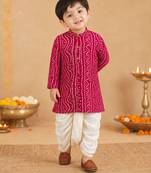 Boy's pink rayon bandhni thigh length kurta and dhoti set