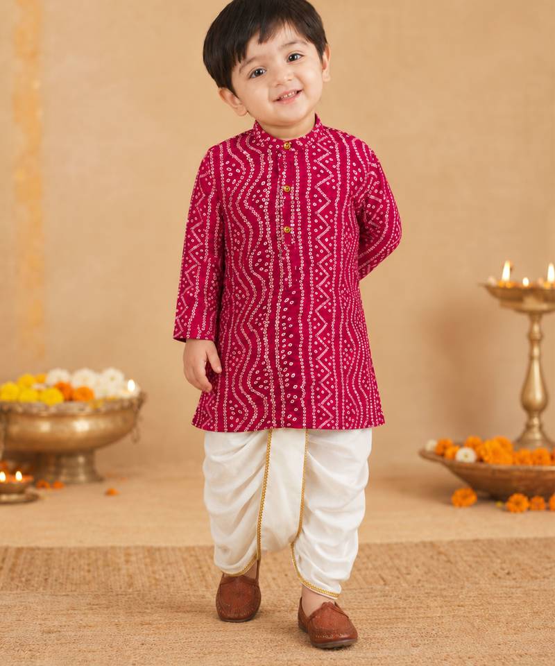 Boy's pink rayon bandhni thigh length kurta and dhoti set