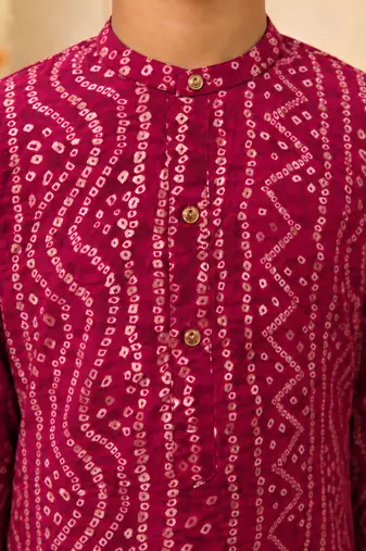 Boy's pink rayon bandhni thigh length kurta and dhoti set