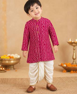 Boy's pink rayon bandhni thigh length kurta and dhoti set 3