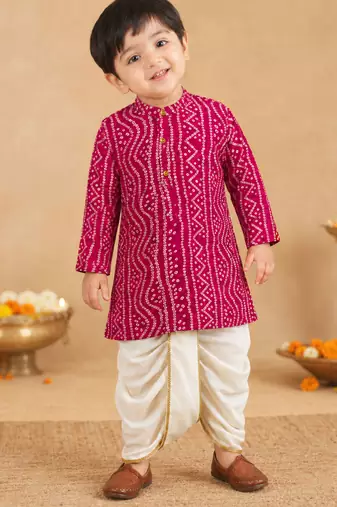 Boy's pink rayon bandhni thigh length kurta and dhoti set