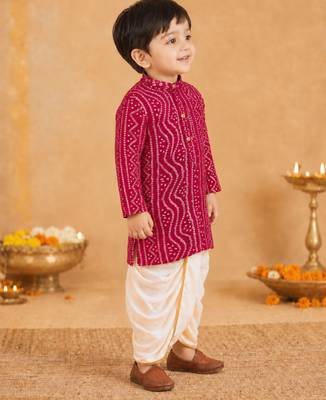 Boy's pink rayon bandhni thigh length kurta and dhoti set 4