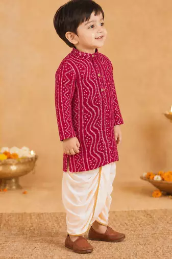 Boy's pink rayon bandhni thigh length kurta and dhoti set