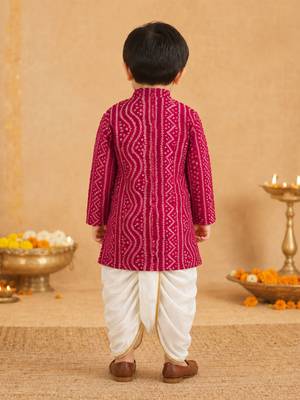 Boy's pink rayon bandhni thigh length kurta and dhoti set 5