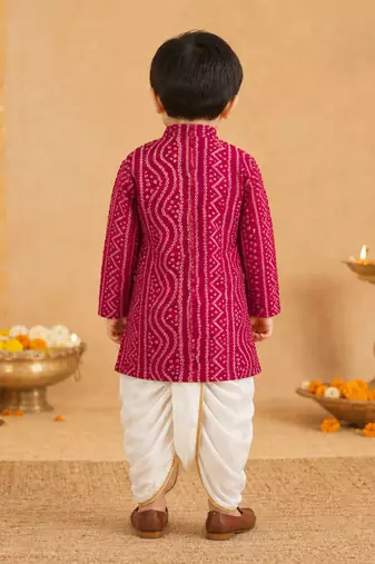 Boy's pink rayon bandhni thigh length kurta and dhoti set