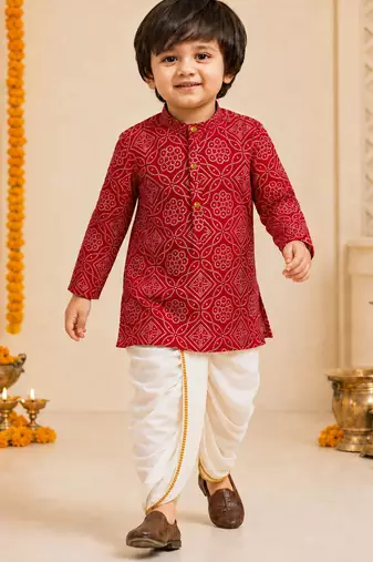 Boy's red rayon bandhni thigh length kurta and dhoti set