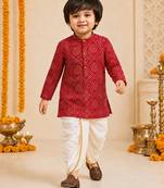 Boy's red rayon bandhni thigh length kurta and dhoti set