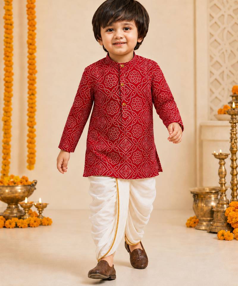 Boy's red rayon bandhni thigh length kurta and dhoti set