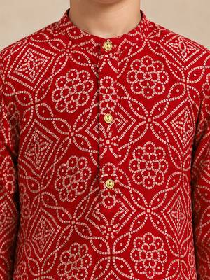 Boy's red rayon bandhni thigh length kurta and dhoti set 2