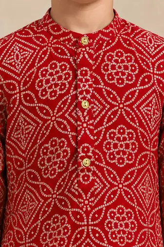 Boy's red rayon bandhni thigh length kurta and dhoti set