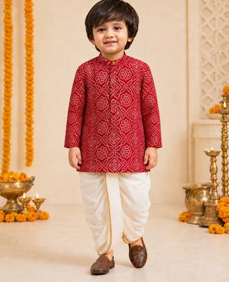 Boy's red rayon bandhni thigh length kurta and dhoti set 3