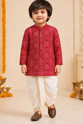 Boy's red rayon bandhni thigh length kurta and dhoti set