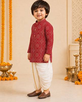 Boy's red rayon bandhni thigh length kurta and dhoti set 4