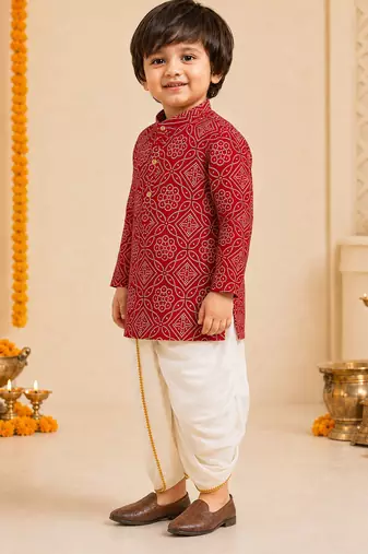 Boy's red rayon bandhni thigh length kurta and dhoti set