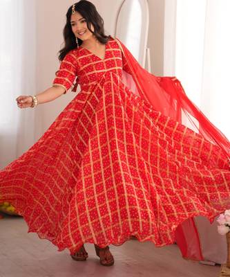 Red bandhani anarkali kurta with dupatta 1