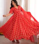 Red bandhani anarkali kurta with dupatta