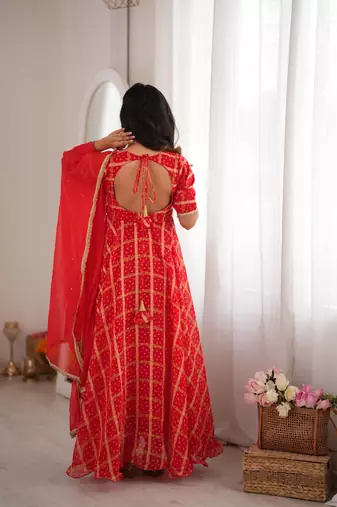 Red bandhani anarkali kurta with dupatta