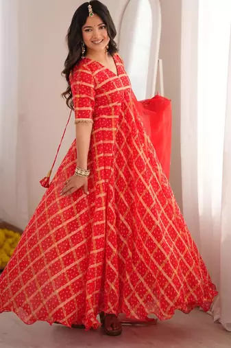 Red bandhani anarkali kurta with dupatta