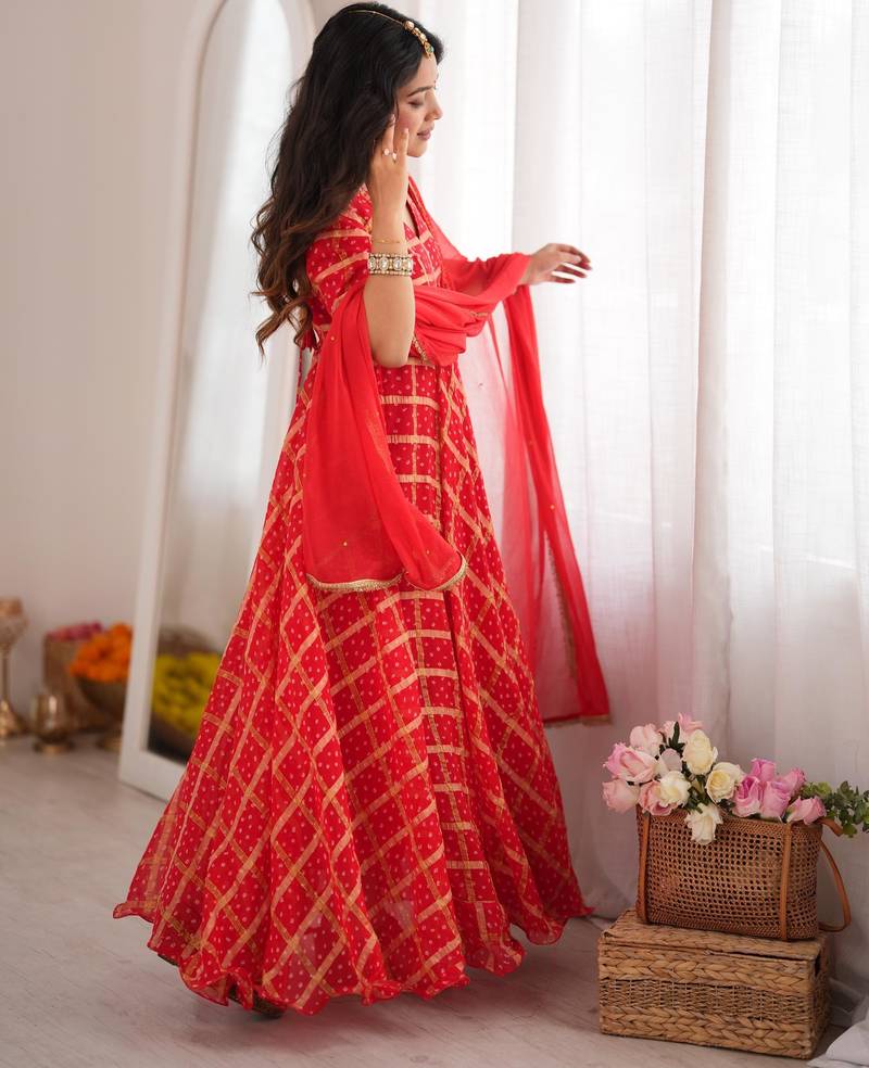 Red bandhani anarkali kurta with dupatta