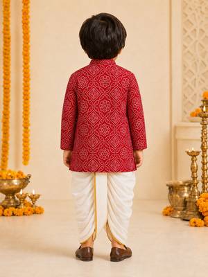 Boy's red rayon bandhni thigh length kurta and dhoti set 5