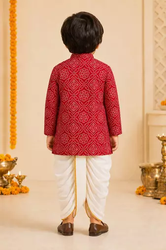 Boy's red rayon bandhni thigh length kurta and dhoti set