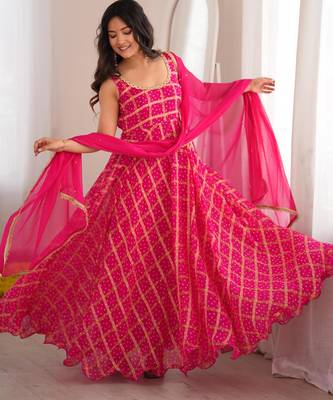 Pink bandhani anarkali kurta with dupatta 1
