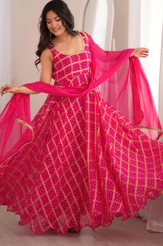 Pink bandhani anarkali kurta with dupatta