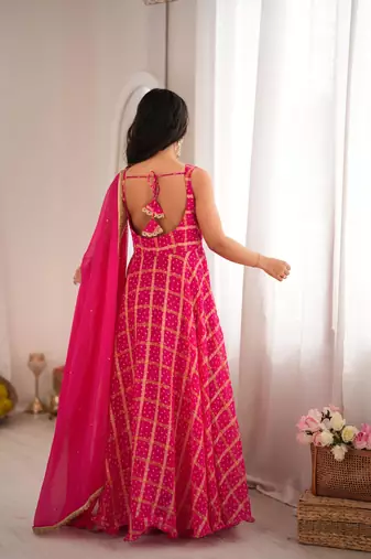 Pink bandhani anarkali kurta with dupatta