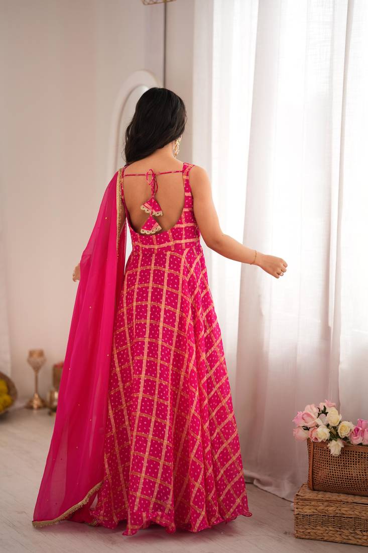 Pink bandhani anarkali kurta with dupatta