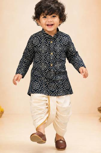 Boy's navy blue rayon bandhni thigh length kurta and dhoti set