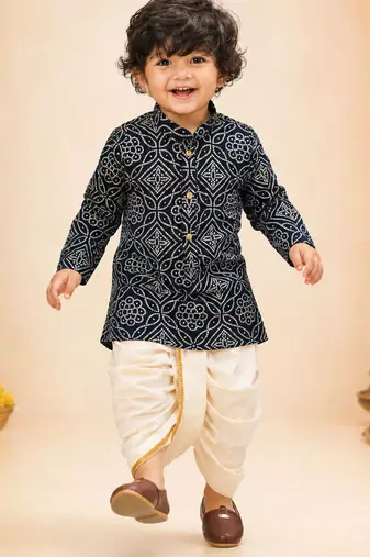 Boy's navy blue rayon bandhni thigh length kurta and dhoti set