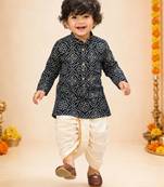 Boy's navy blue rayon bandhni thigh length kurta and dhoti set