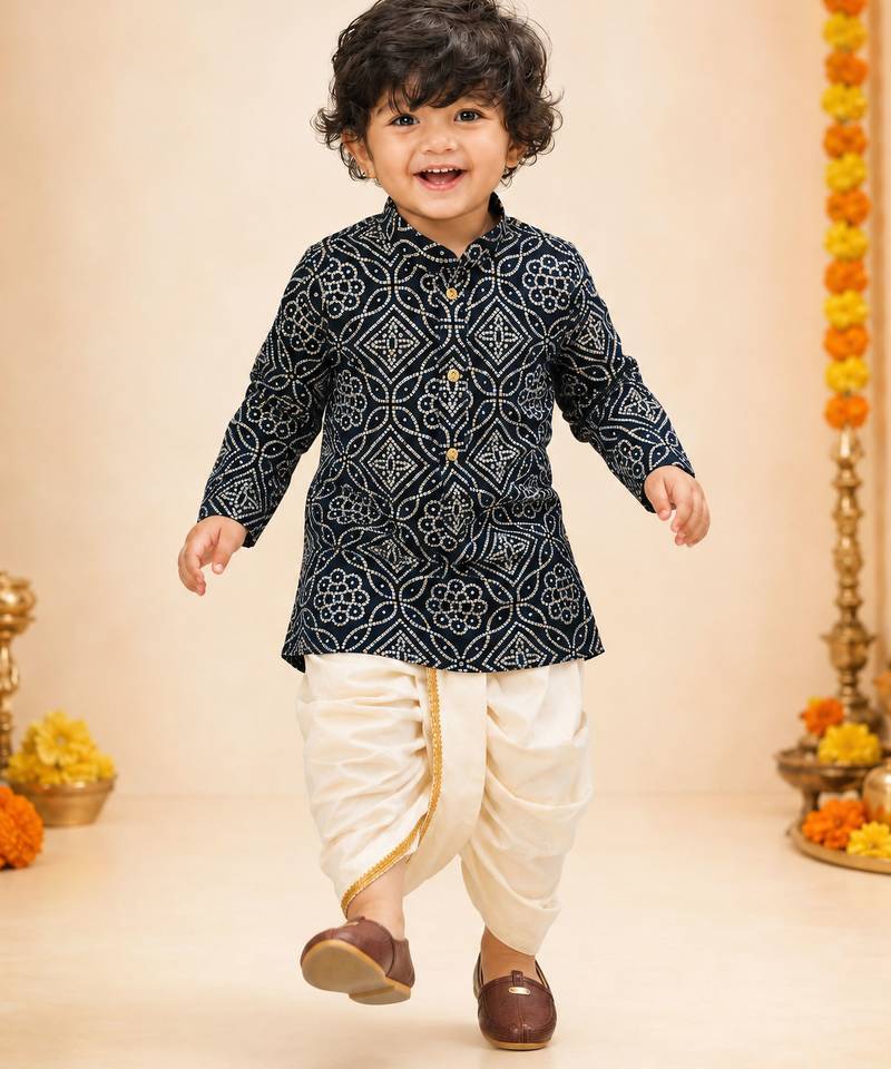 Boy's navy blue rayon bandhni thigh length kurta and dhoti set