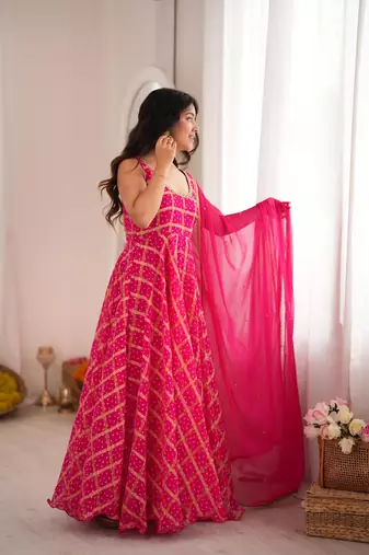 Pink bandhani anarkali kurta with dupatta