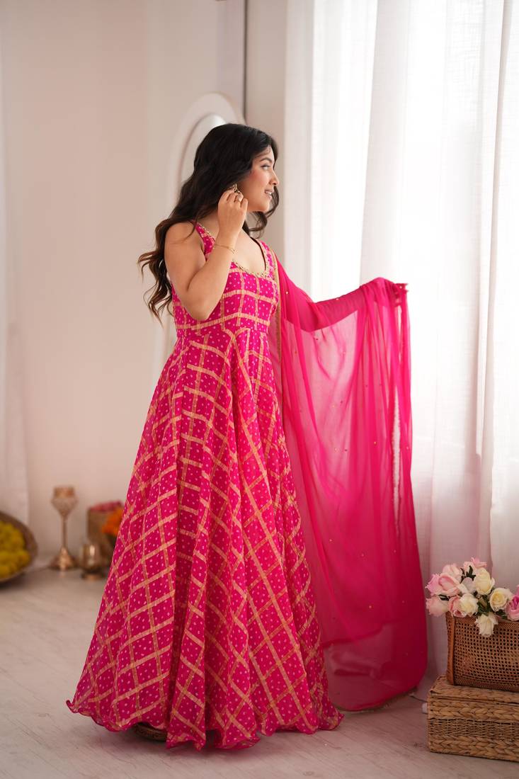 Pink bandhani anarkali kurta with dupatta