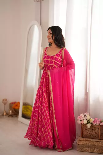 Pink bandhani anarkali kurta with dupatta