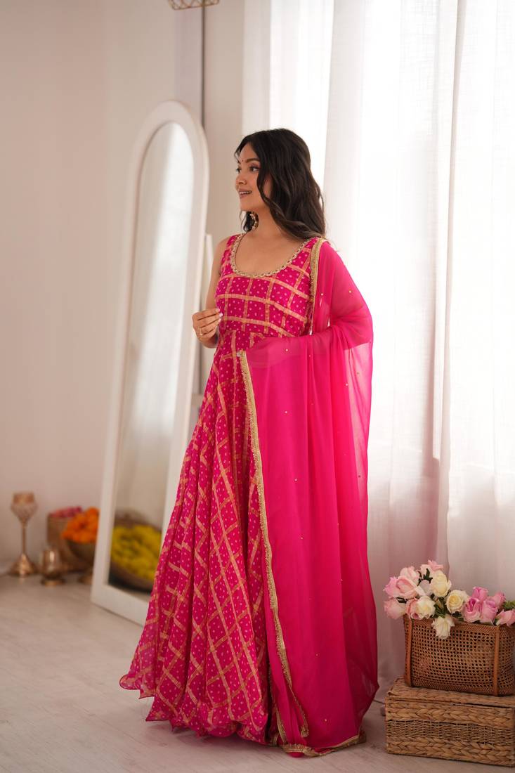 Pink bandhani anarkali kurta with dupatta