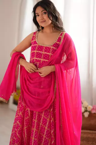 Pink bandhani anarkali kurta with dupatta