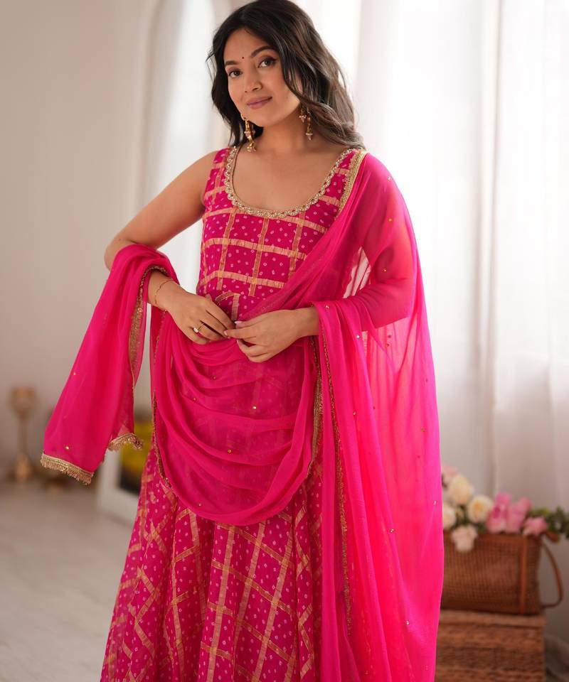 Pink bandhani anarkali kurta with dupatta