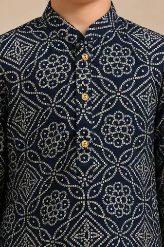Boy's navy blue rayon bandhni thigh length kurta and dhoti set